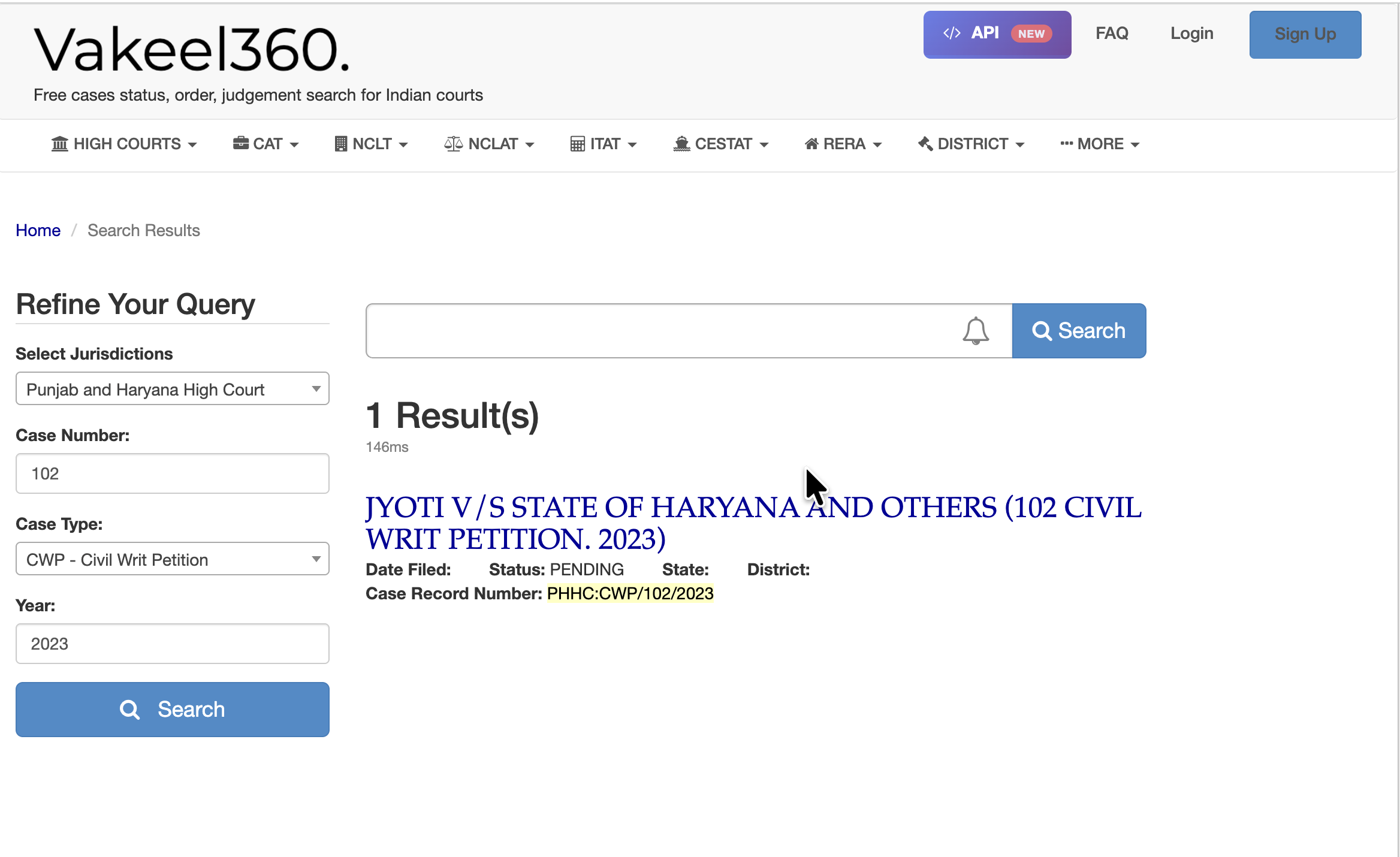 PHHC case status search results showing Punjab Haryana High Court case with case record number and status