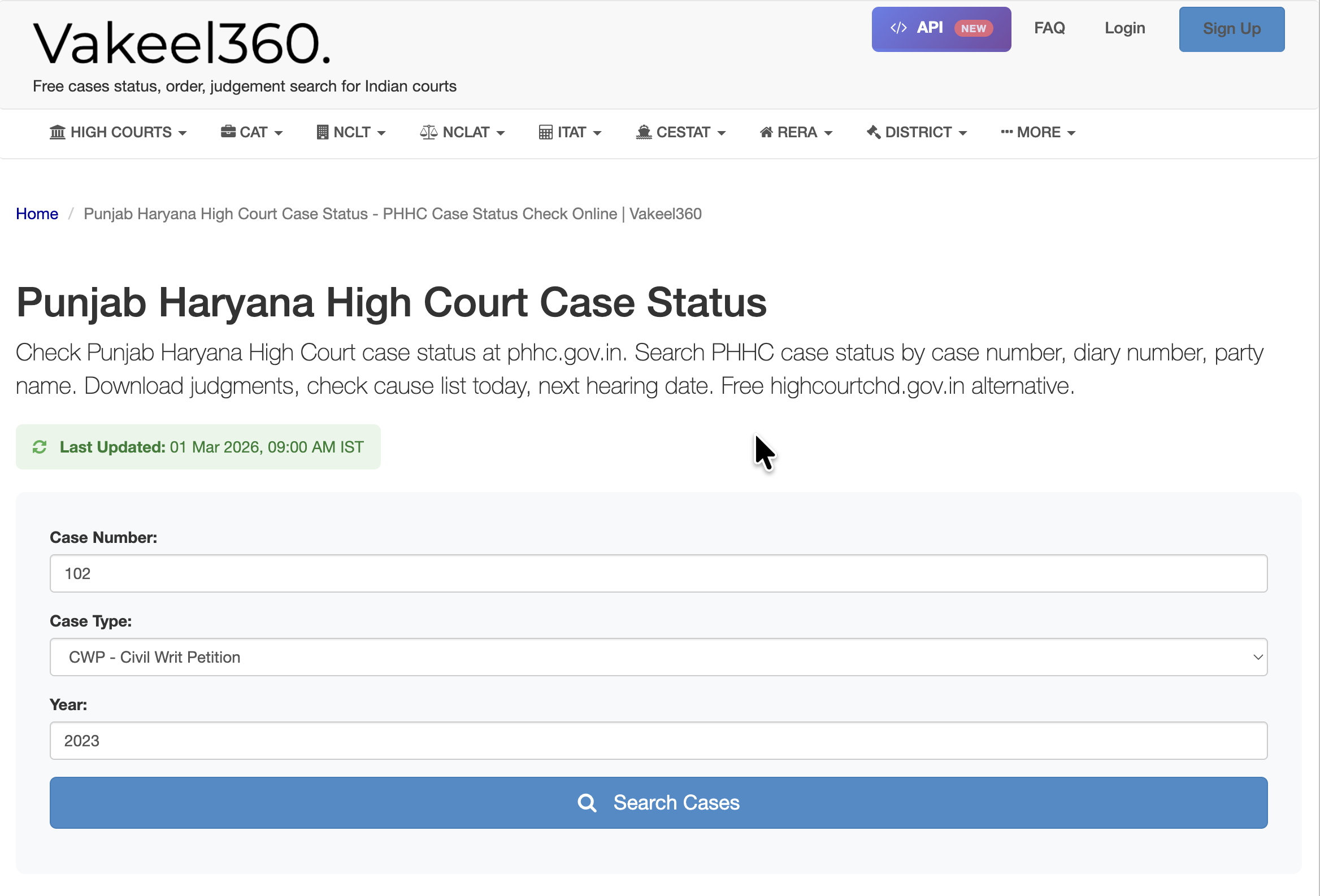 PHHC case status search form - Enter case number, case type and year to check Punjab Haryana High Court case status